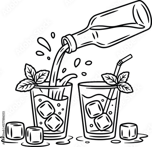 Refreshing Drink Line Art, Summer Beverage with Ice and Mint Vector Illustration.

