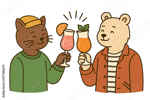 Friends celebrating with colorful drinks in a cheerful, whimsical atmosphere at a sunny outdoor gathering