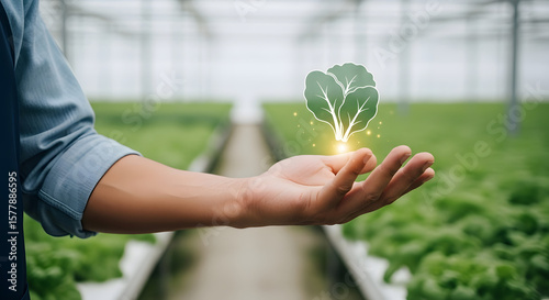 Agronomist’s Hand Holding Holographic Vegetable Icon