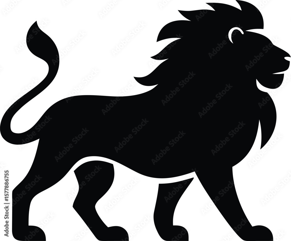 Obraz premium Lion silhouette with flowing mane, muscular build, and walking stance for majestic wildlife icon