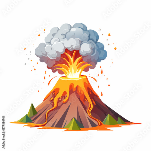 Cartoon Volcano Eruption with Lava Flow and Ash Cloud Illustration