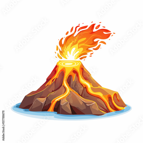 Cartoon volcano erupting with bright orange lava and fiery plumes