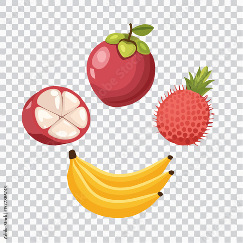 Cartoonish tropical fruit assortment mangosteen rambutan sliced fruit and bananas