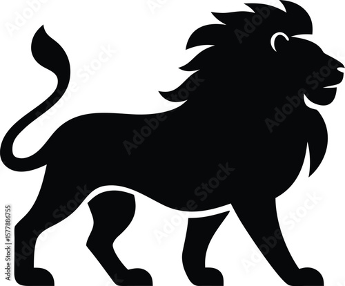 Lion silhouette with flowing mane, muscular build, and walking stance for majestic wildlife icon