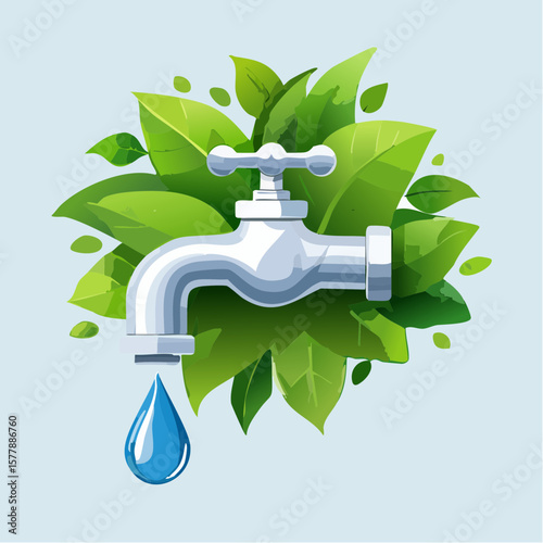 Chrome Faucet with Dripping Water Droplet and Floral Leafy Background Illustration
