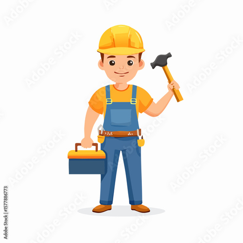 Cheerful Cartoon Construction Worker Holding Hammer and Toolbox Smiling