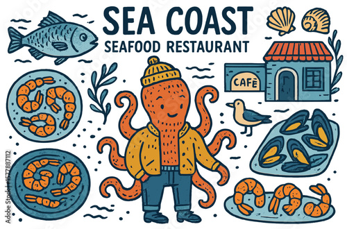 Fun and colorful illustration of a seafood restaurant featuring an octopus chef at the sea coast