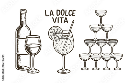 Elegant drink display featuring sparkling glasses and wine bottle in celebration of life?s pleasures