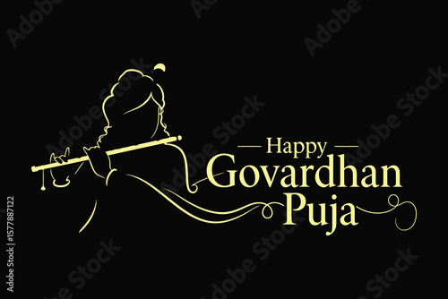 Happy Govardhan Puja Krishna Silhouette Vector Illustration .