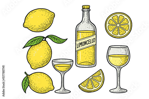 Limoncello and fresh lemons arranged artistically with glasses and citrus slices on a white background