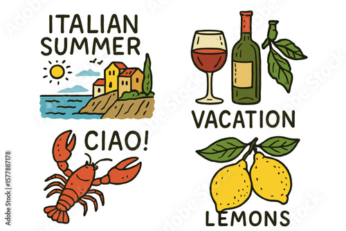 Italian summer vacation design featuring seaside, food, and drink elements for a vibrant and cheerful atmosphere