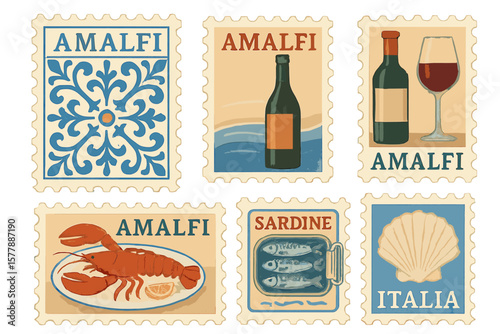 Stamps featuring Amalfi's iconic foods and beverages showcasing cultural heritage