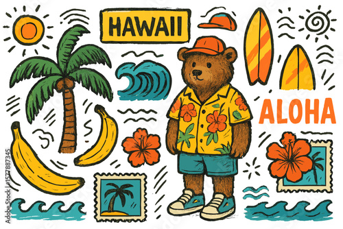 Cute bear dressed in tropical attire enjoys a sunny day in Hawaii among surfboards and palm trees