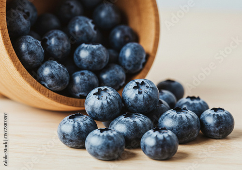 Wallpaper Mural A close up shot of blueberries spilling out of a wooden bowl on a light colored surface top view Torontodigital.ca
