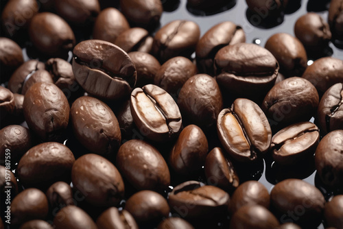 Fresh clean wet coffee beans close up cinematic background wallpaper backdrop.