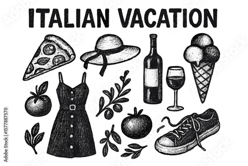 Italian vacation essentials featuring food, drinks, and fashion items for a summer getaway in Italy