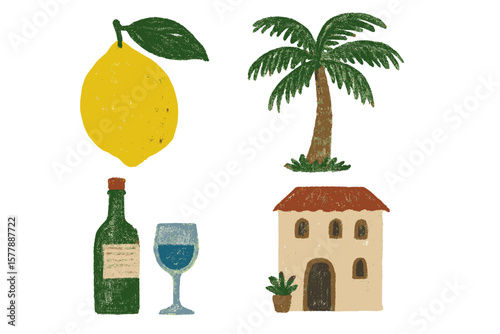 Colorful depiction of lemon, palm tree, wine bottle, and charming house in a sunny atmosphere