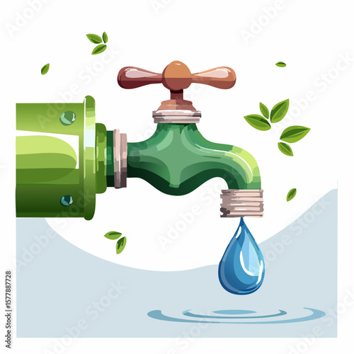 Stylized Green Water Faucet with Brown Handle and Falling Water Drop