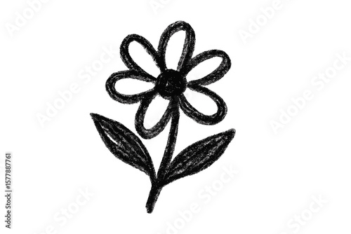 Sketch of a simple flower design created with black chalk on white background, showcasing artistic creativity and expression