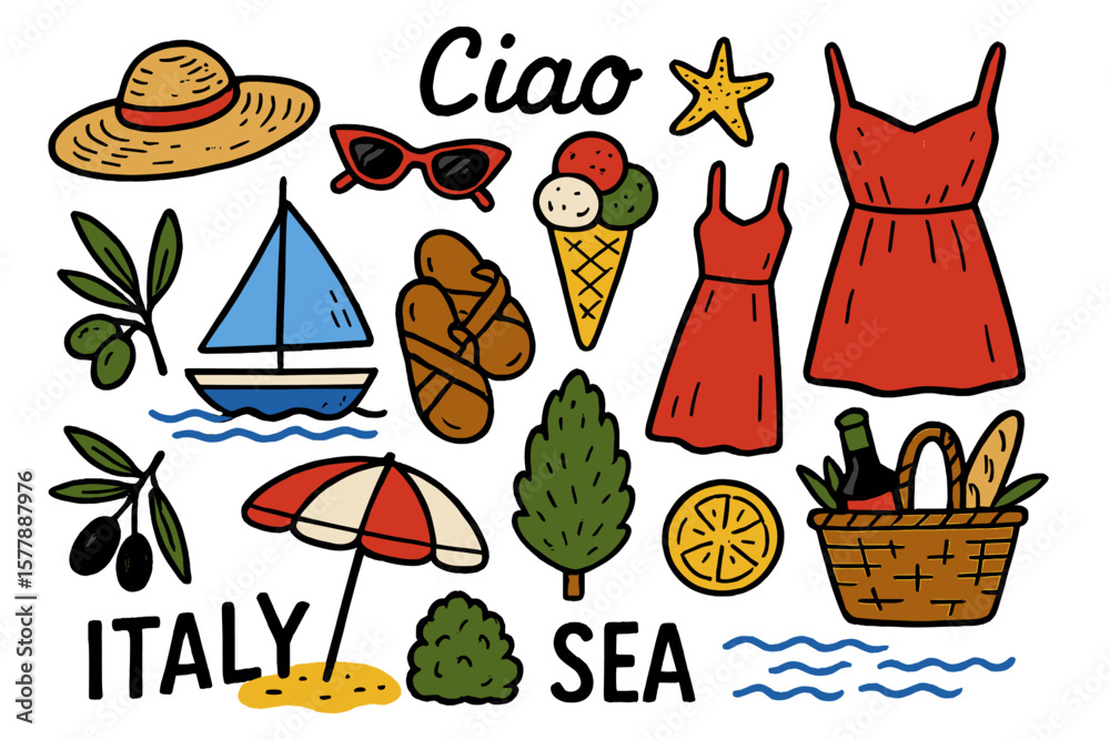 Naklejka premium Colorful summer elements from Italy celebrating sea, sunshine, and leisure activities near the coast