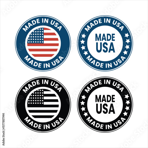 Made in USA Badge Vector Icon. Patriotic Labels, Stamps & Round Flag Graphics. made in usa stamp circle vector design