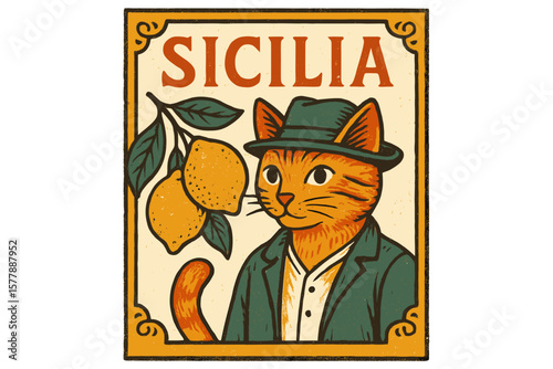 Brightly illustrated vintage-style poster featuring a cat in a hat, embracing Sicilian culture with lemons in its paw