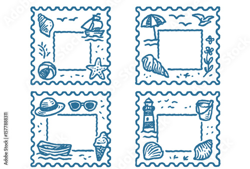 Decorative beach-themed frames featuring nautical elements and summer icons for creative projects