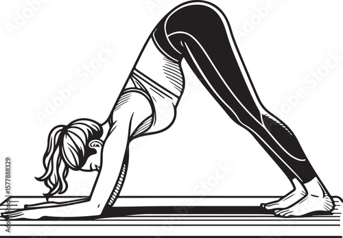 Woman Performing Downward Dog Yoga Pose on Mat in Black and White Silhouette