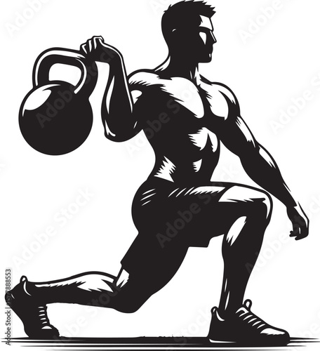 Silhouette of Muscular Man Performing Kettlebell Lunge Exercise for Strength and Fitness