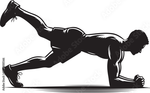Silhouette of a Man Doing a Plank Exercise with One Leg Raised for Fitness