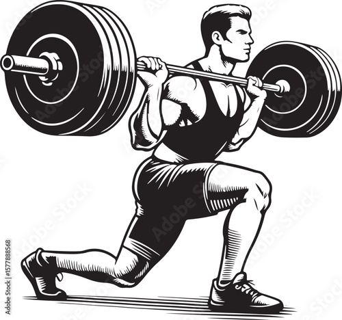 Weightlifter Performing a Lunge with Barbell on Shoulders Strength Training Illustration in Black and White