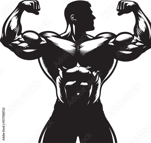 Silhouette of a Muscular Man Flexing Biceps Showing Strength and Fitness in Black and White