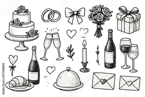 Illustrated wedding elements featuring cakes, flowers, rings, and celebration items for wedding planning