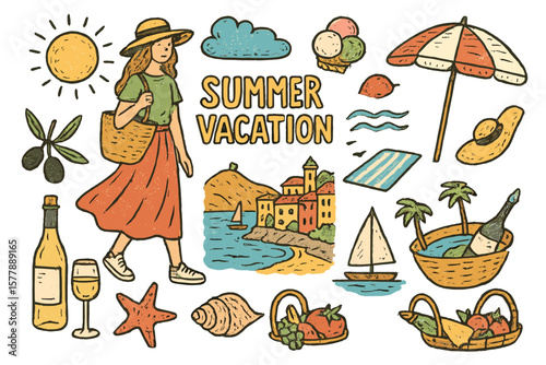 Summer vacation elements featuring activities, weather, and leisure items by the coast