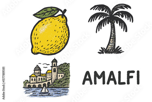 Lemons and palm trees represent coastal beauty of Amalfi with historic architecture by the sea