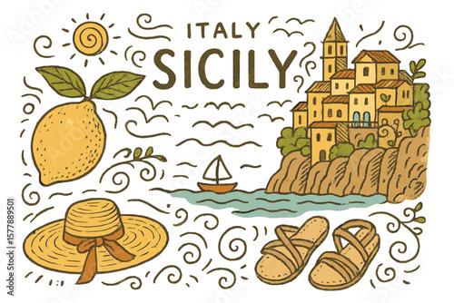 Scenic representation of Sicily highlighting local landmarks and culture under a sunny sky