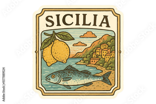 Vibrant illustration of a Sicilian coastal landscape featuring fish and lemons