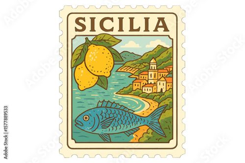 Brightly colored artwork featuring lemons and fish illustrating the beauty of Sicilia?s coastline