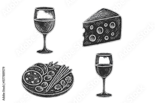 Delicious food and wine pairing featuring cheese, charcuterie platter, and elegant glasses at a cozy gathering