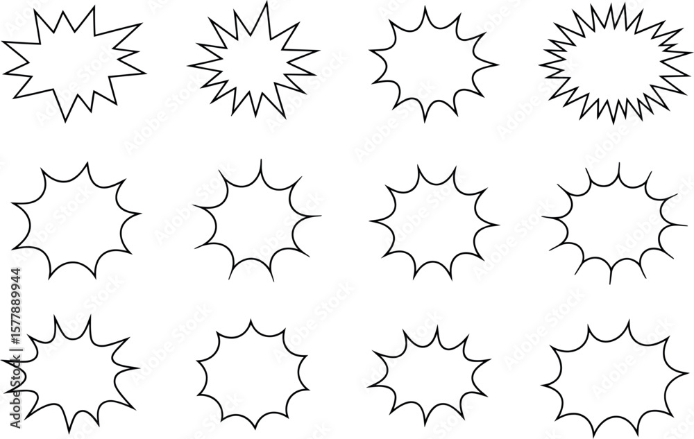Obraz premium Collection of Black and White Starburst Shapes on a White Background Perfect for Adding Emphasis or Creating a Comic Book Style Effect