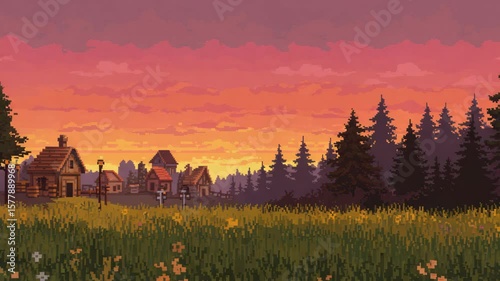 Pixelated village landscape at sunset