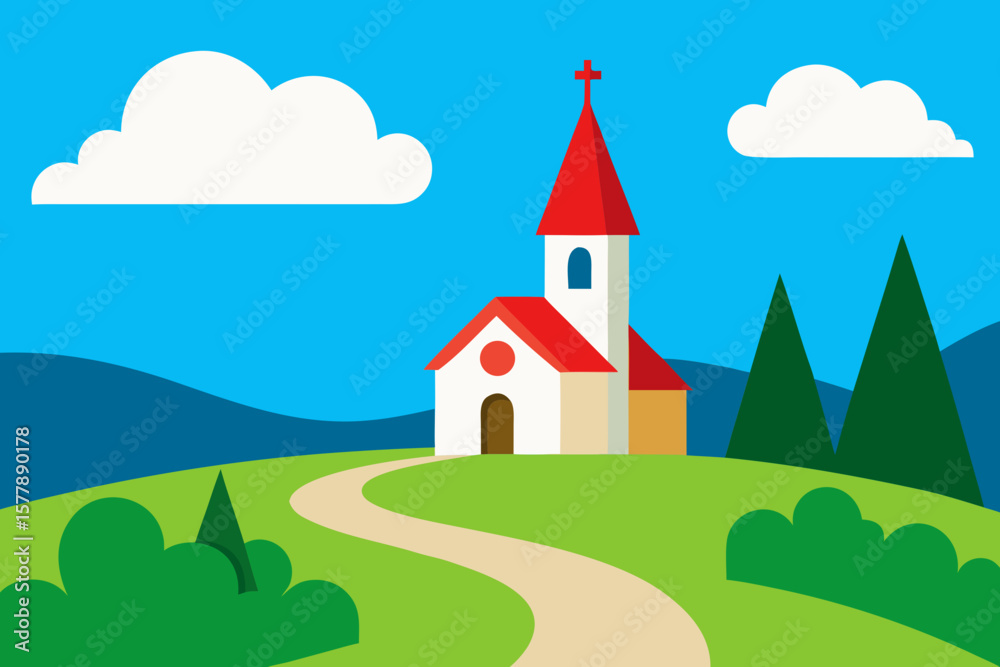 Naklejka premium Charming village church with red roof sits on a green hill under a blue sky