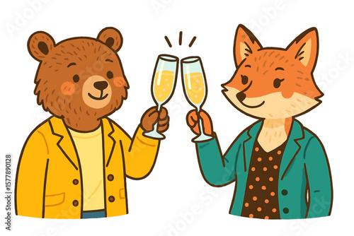 Cute animals celebrate with drinks in colorful outfits at a joyful gathering