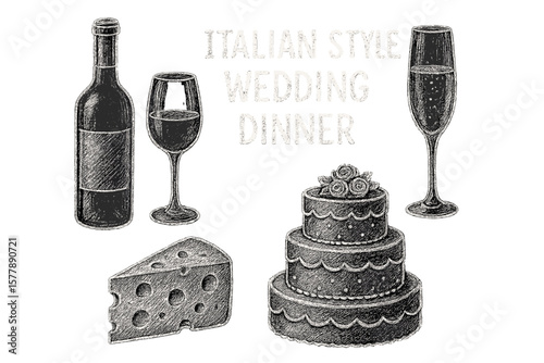 Elegant Italian wedding dinner featuring cake, wine, and cheese displayed with artistic flair