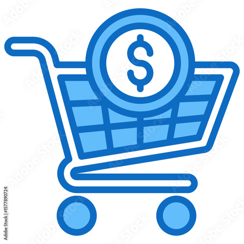 E-Commerce Sale Blue Fill Outline Design Vector Icon - Shopping cart with a coin, representing online sales, e-commerce purchases, or promotions