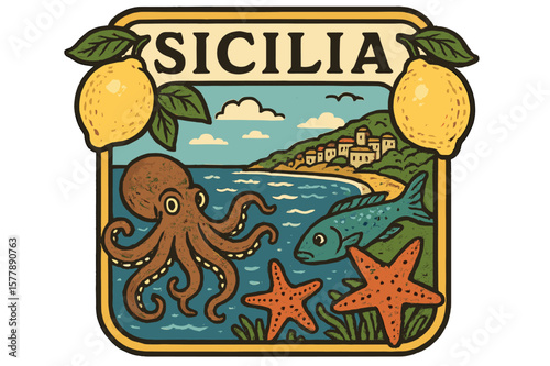 Colorful illustration capturing the essence of Sicilian coastal life with marine life and citrus