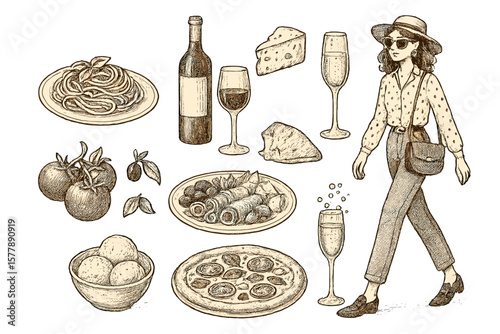 Dining experiences with Italian cuisine on a sunny day showing various dishes and a stylish woman strolling