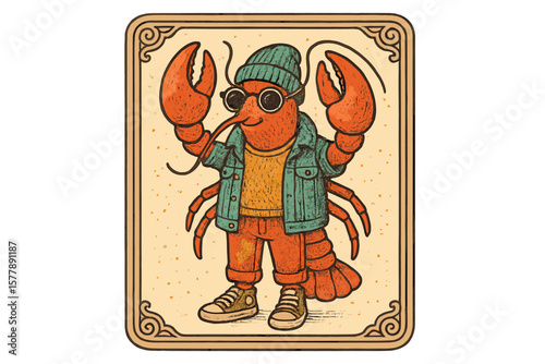 Creative cartoon lobster character dressed in stylish outfit with sunglasses, hat, and denim jacket