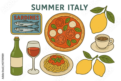 Vibrant summer dining experience with Italian cuisine featuring sardines, pizza, pasta, and refreshing drinks in a sunny setting