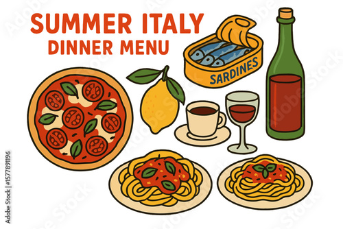 Summer Italian dinner menu featuring pasta, pizza, sardines, and wine with a lemon twist